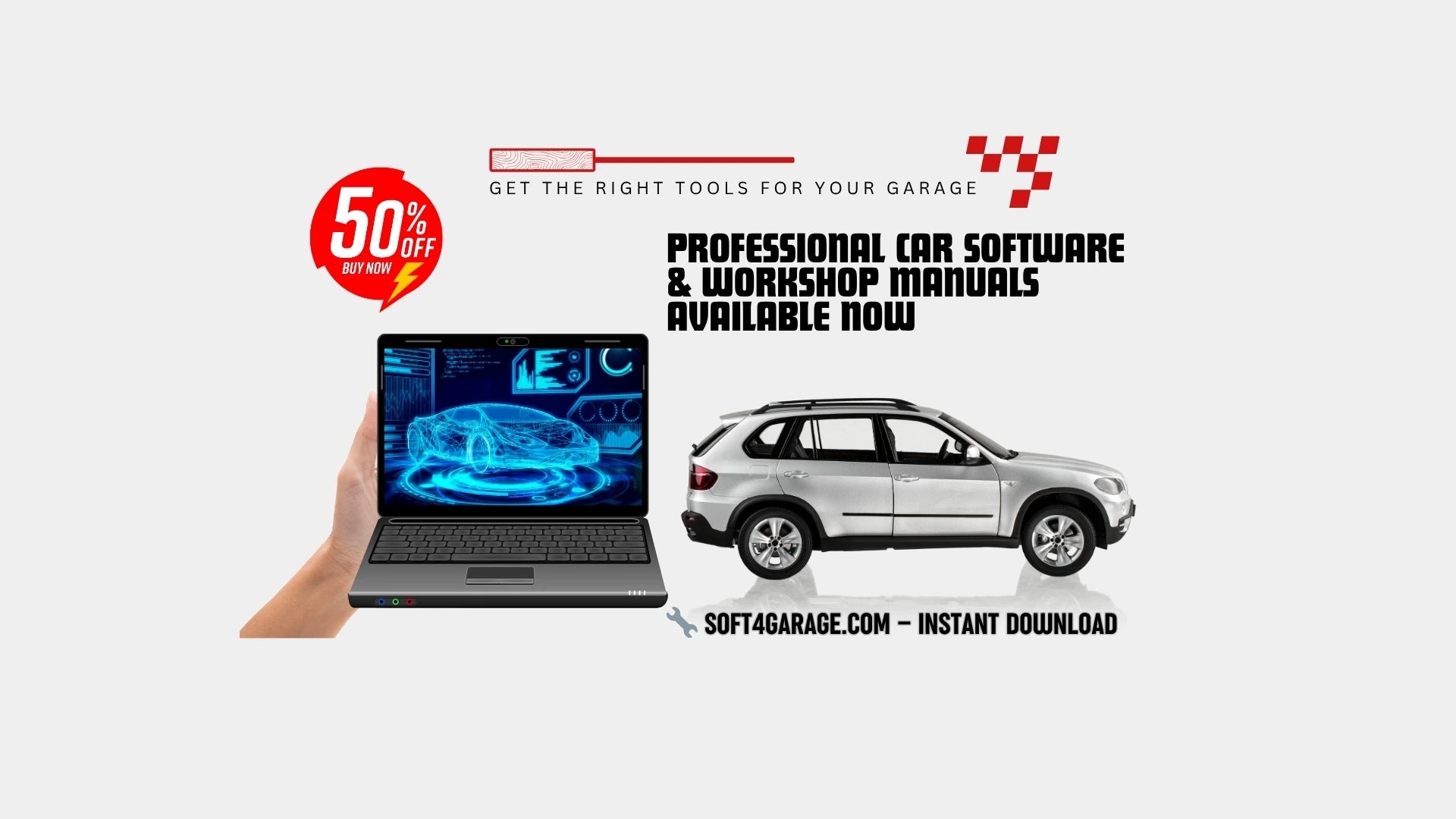 Professional car diagnostic software and workshop manuals available for instant download at Soft4Garage – 50% discount offer shown with laptop, SUV, and promo badge.